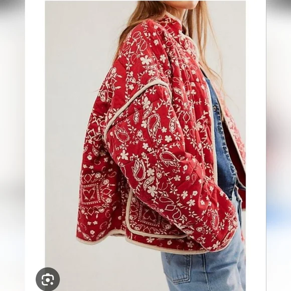 Free People Red and White Bomber Jacket - Picture 2 of 10